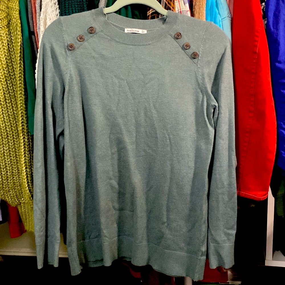 Pink Clover Blue/Green/Gray-ish Sweater button detail